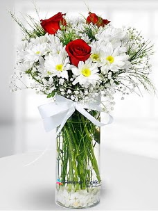 3 k�rm�z� g�l ve krizantemler camda  Ankara Pursaklar �i�ek ma�azas� , �i�ek�i adresleri 