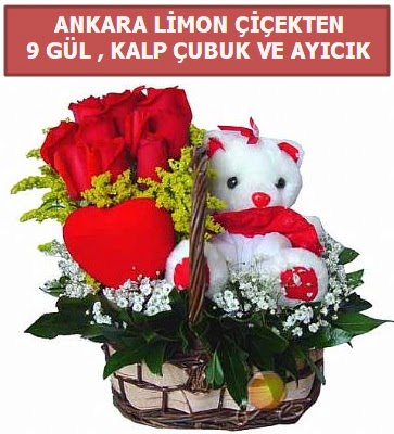 Kalp �ubuk sepette 9 g�l ve ay�c�k  Ankara Pursaklar �i�ek�i telefonlar�  