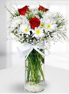 3 k�rm�z� g�l ve krizantemler camda  Ankara Pursaklar �i�ek ma�azas� , �i�ek�i adresleri 